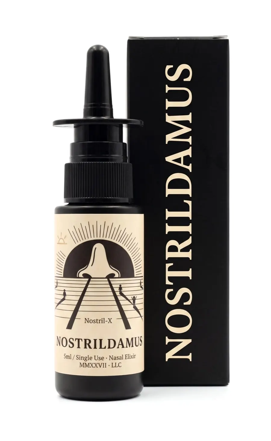 The black Nostrildamus nasal spray bottle standing beside its box