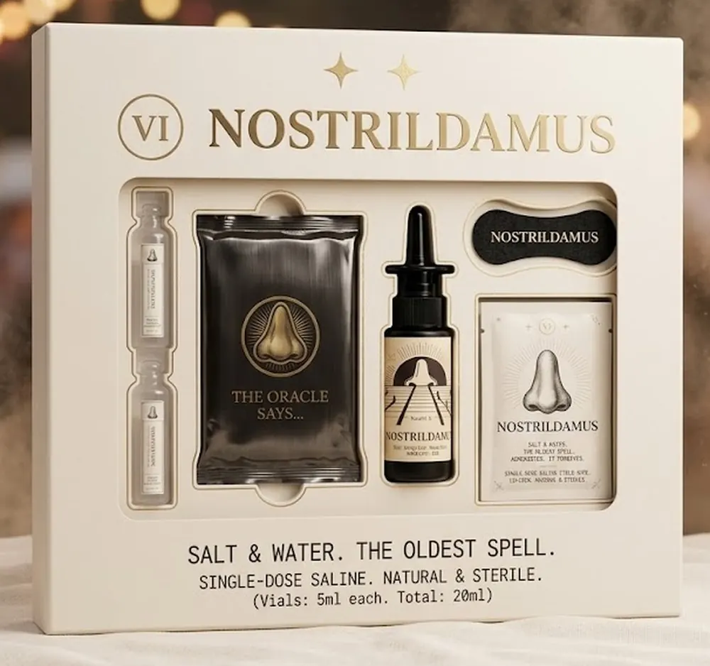 A cream Nostrildamus window tray holding vials, the black card pack, the Elixir and a wipe sachet, placeholder imagery for The Mending